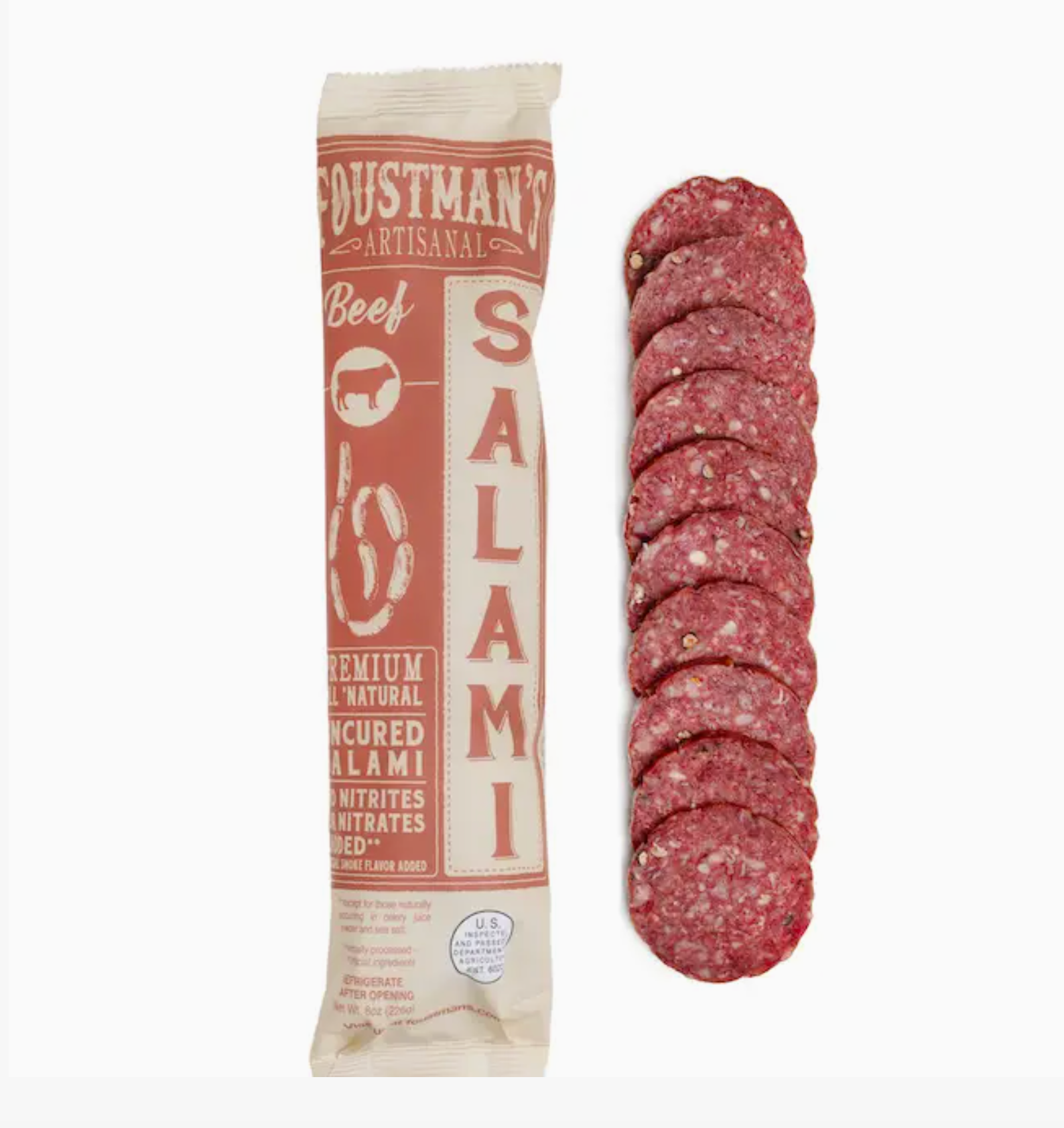 A package of Foustman's Artisanal Beef Salami next to a vertical row of sliced, cured beef salami rounds on a plain white background.