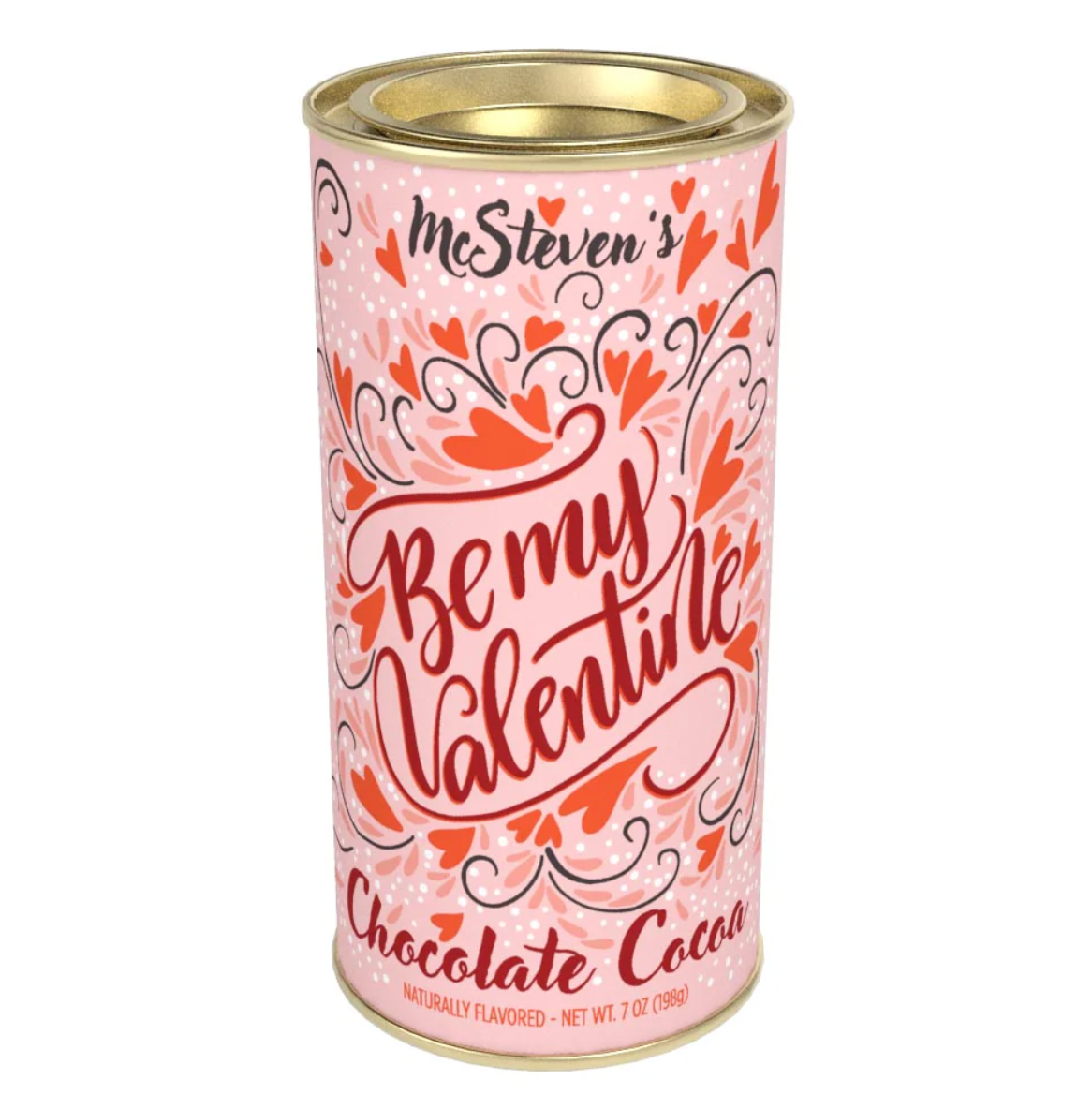 A pink and red canister of Valentine's Day themed chocolate hot coca mix. 