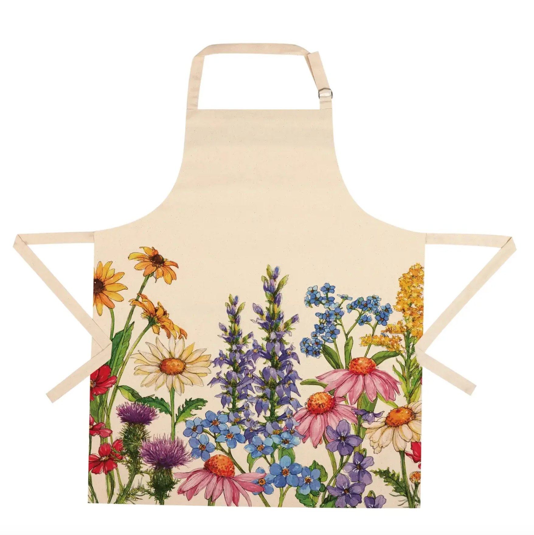 A cream-colored fabric apron with a colorful wildflower print along the bottom half, featuring a neck strap and waist ties.