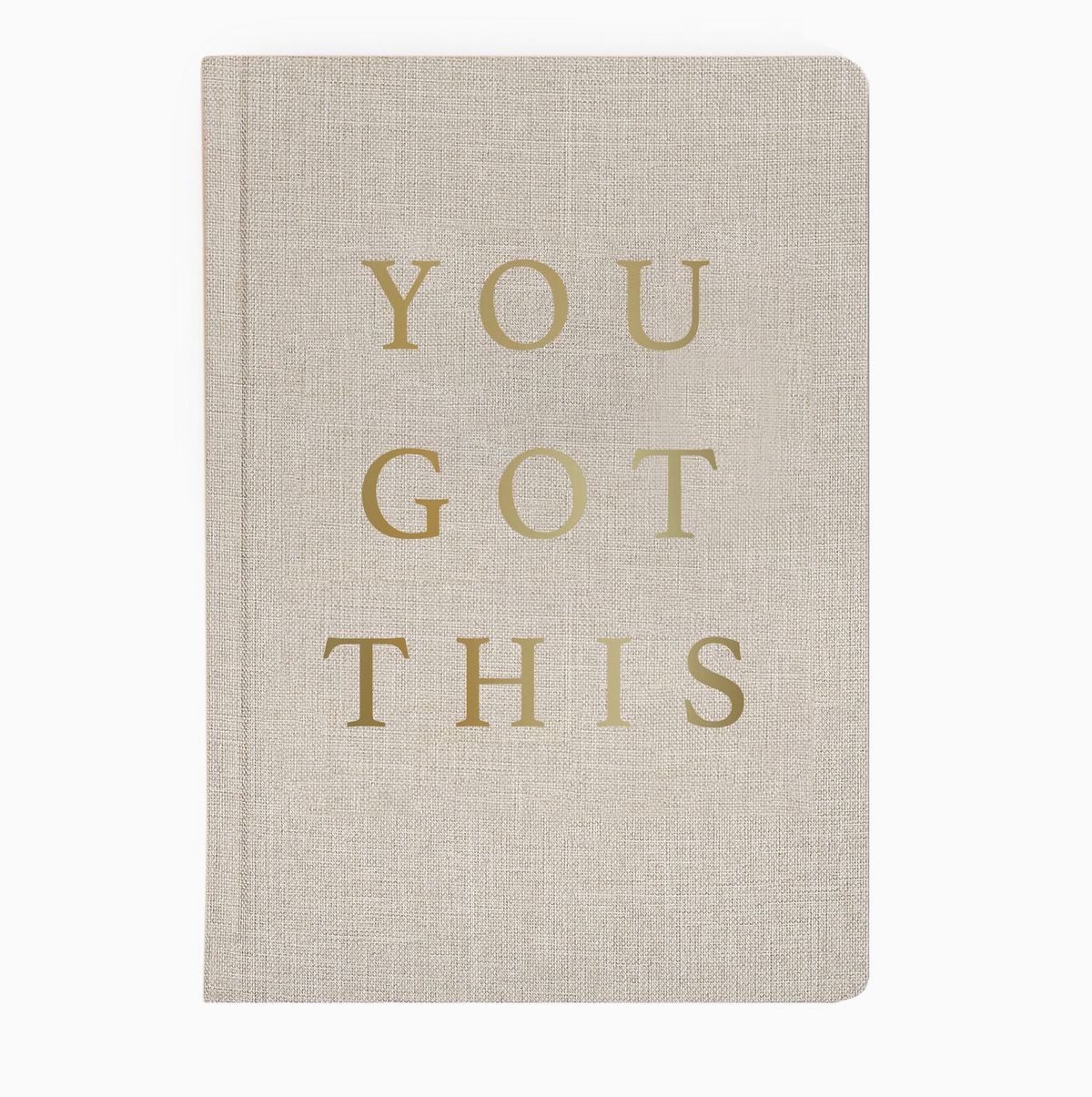 a tan fabric hardback journal with "You Got This" in gold foil letters on the front cover. 