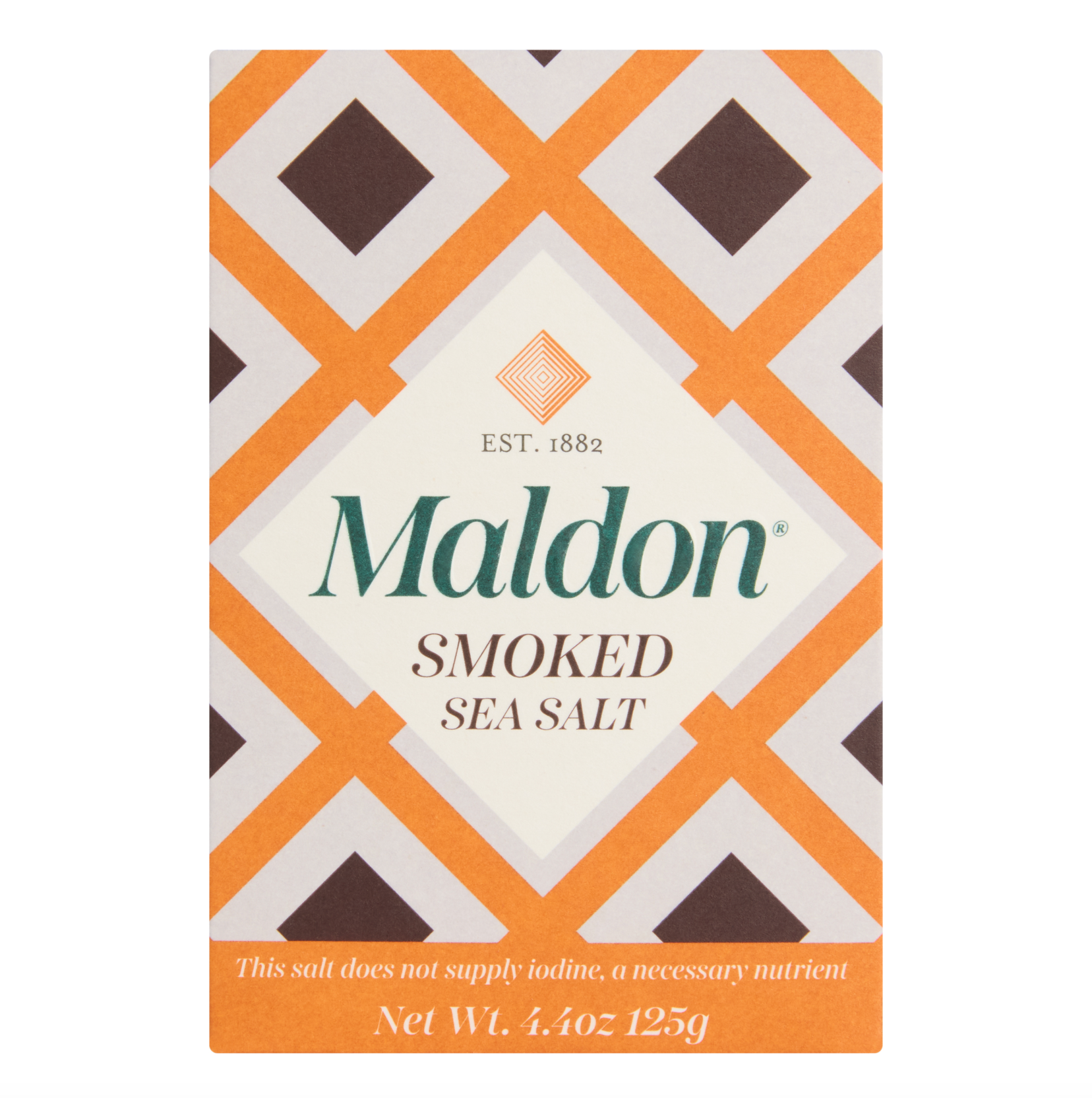 An orange and white patterned box of Maldon Smoked Sea Salt Flakes in a 4.4oz package.