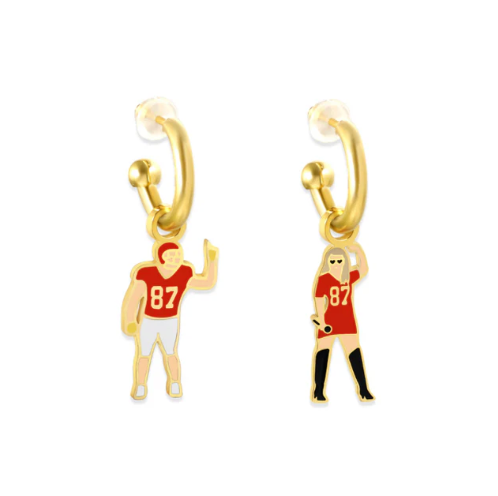 Gold hoop earrings shaped like Travis Kelce and Taylor Swift, both wearing at 87 jersey in shades of red.